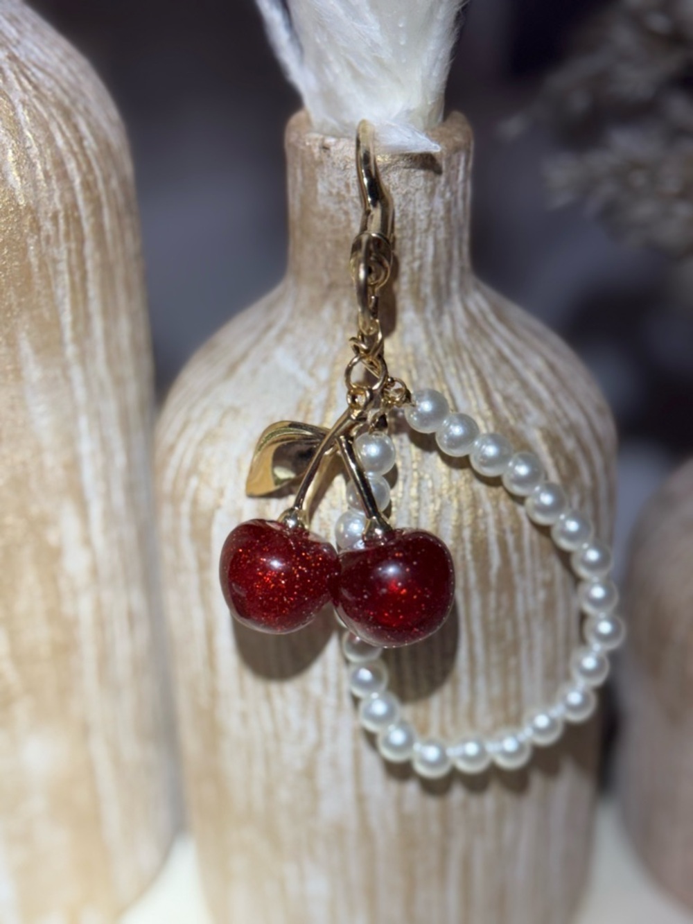 BUNDLE ME! Gold Cherry Pearl Drop Bag Chain Drop - Red & White - Picture 2 of 8